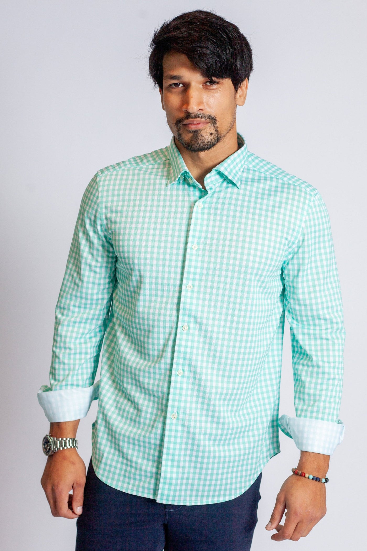 Mauro Long Sleeve Check Tech Shirt - Emerald-Long Sleeve Shirts-Buki