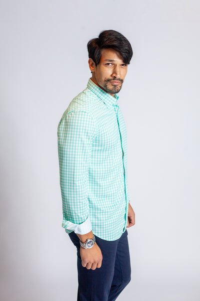 Mauro Long Sleeve Check Tech Shirt - Emerald-Long Sleeve Shirts-Buki