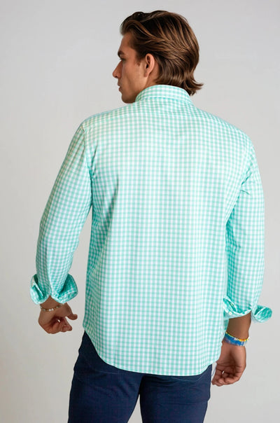 Mauro Long Sleeve Check Tech Shirt - Emerald-Long Sleeve Shirts-Buki