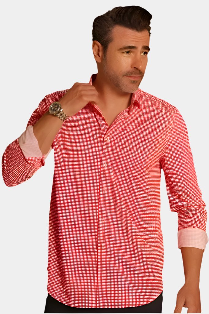 Buki Swiss Check Long Sleeve Casual Dress Shirt, red/white