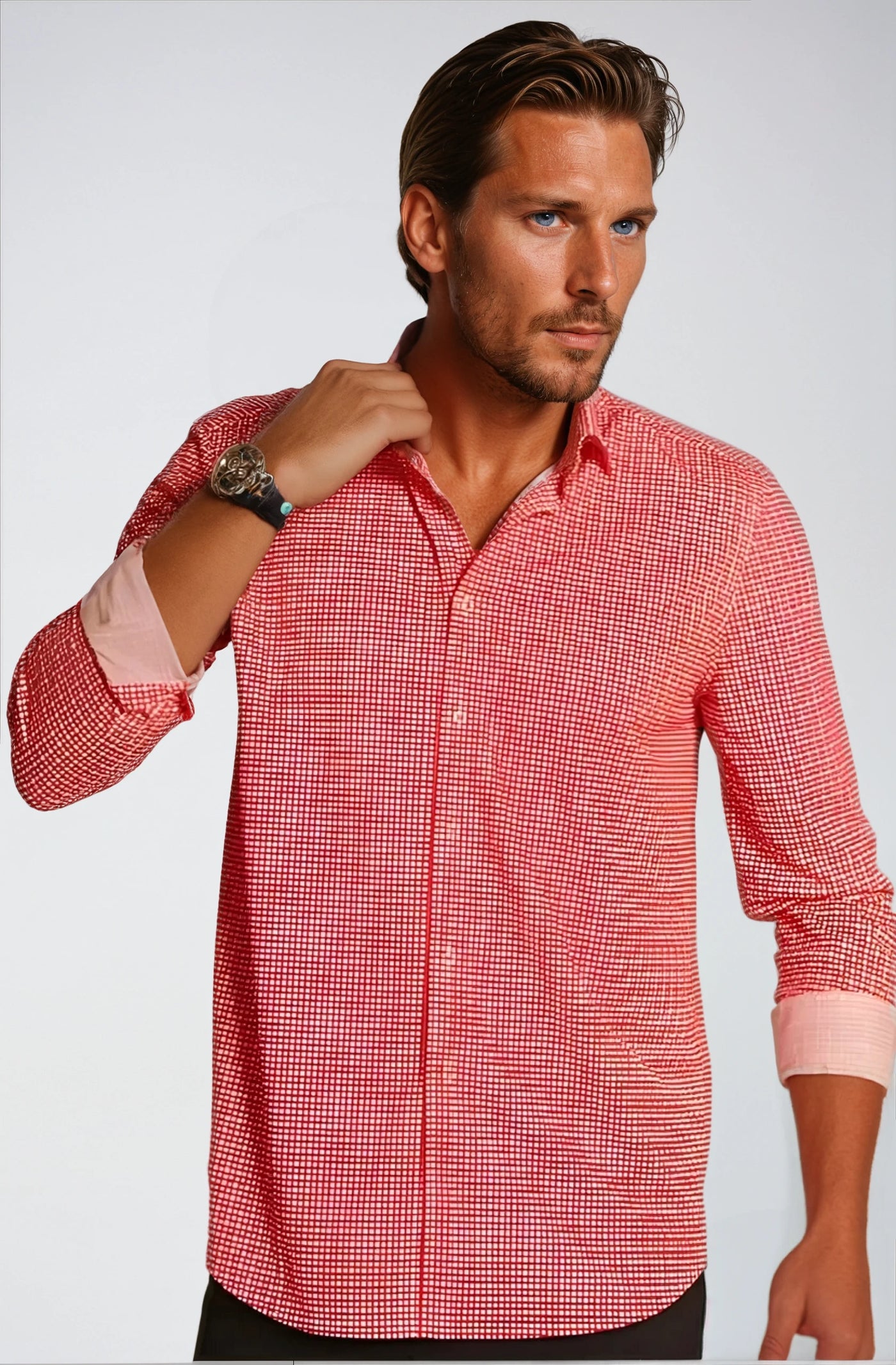 Buki Swiss Check Long Sleeve Casual Dress Shirt, red/white