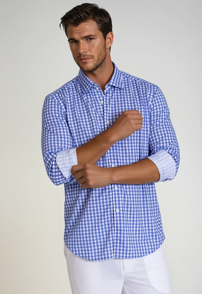 Mauro Long Sleeve Check Tech Shirt - Royal Blue