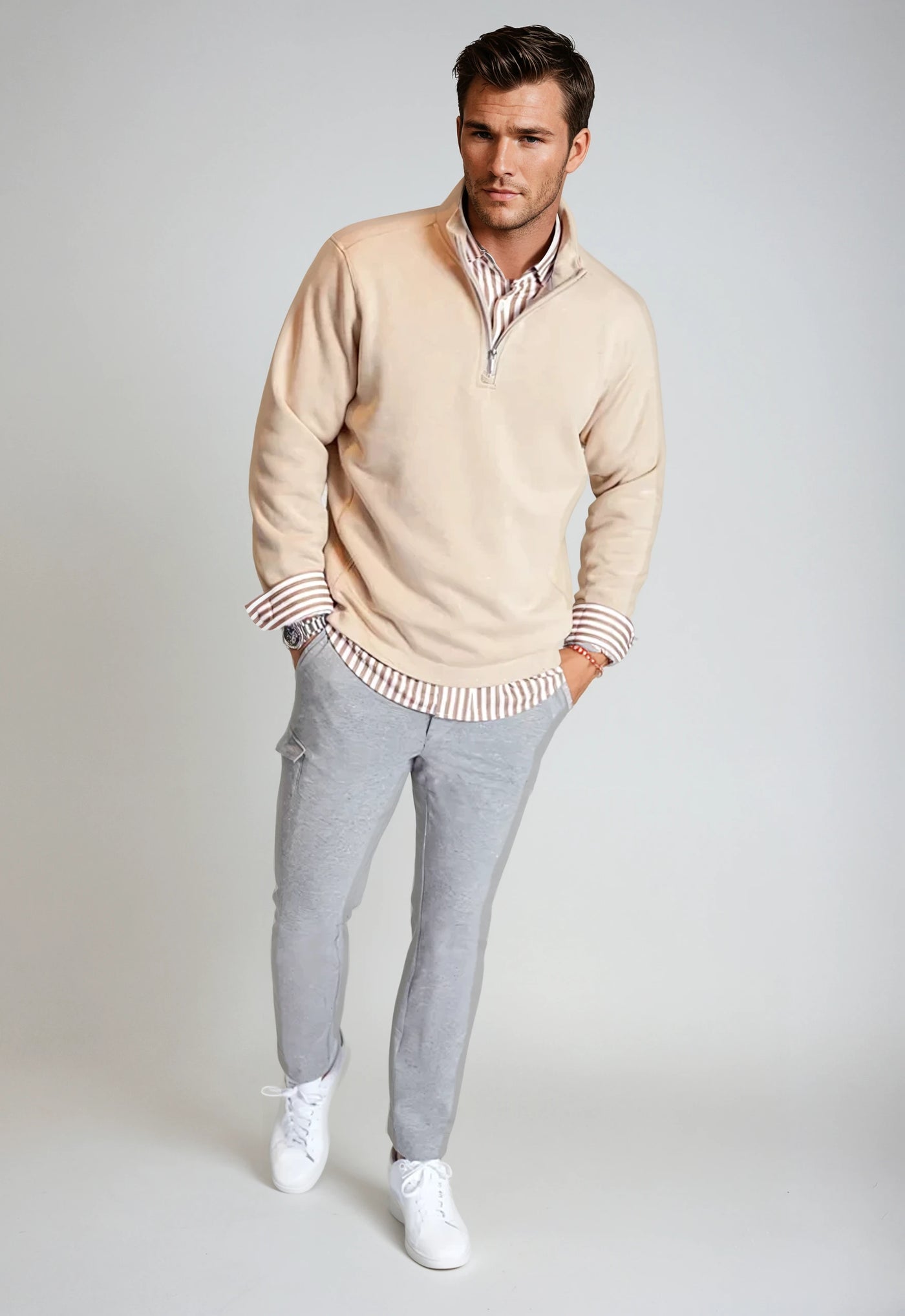 Voey Quarter Zip Sweatshirt-Sweatshirts, Camel-Buki-full body pockets