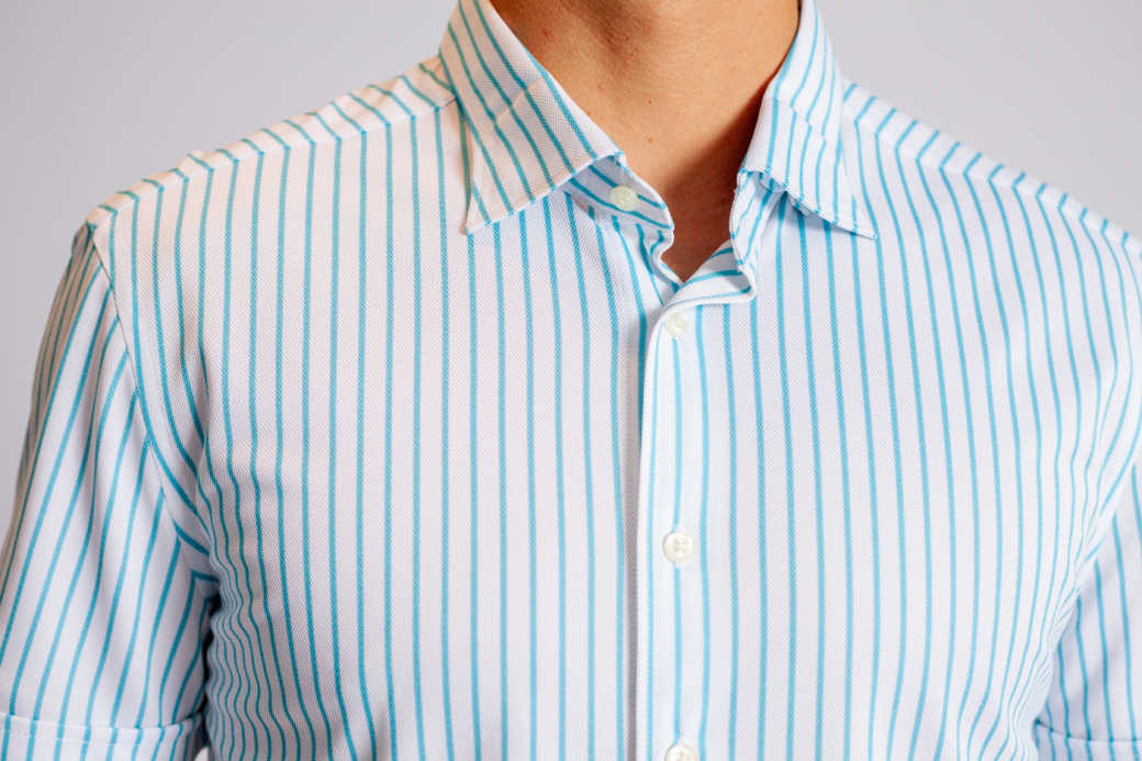 Corsica Stripe Tech Shirt, collar close up -Short Sleeve Shirts-Buki