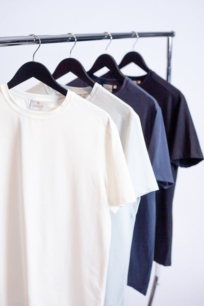 buki + cinqo tee shirt four pack: black, white, ice flow, blue night